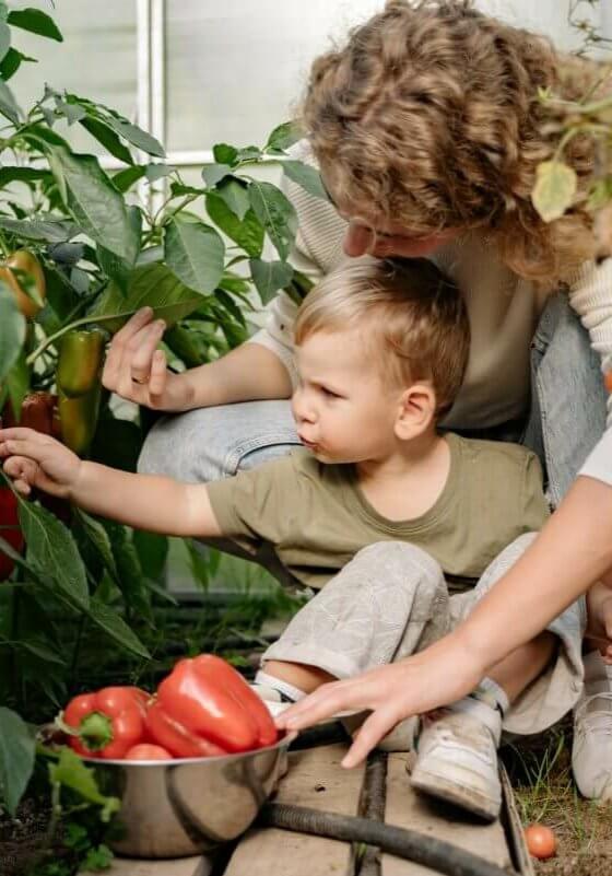 parent and kid gardening